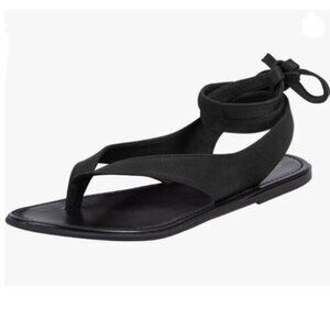 FOWT Women Split Round Toe Sandals Lace up Strappy Flip Flop Shoes Black